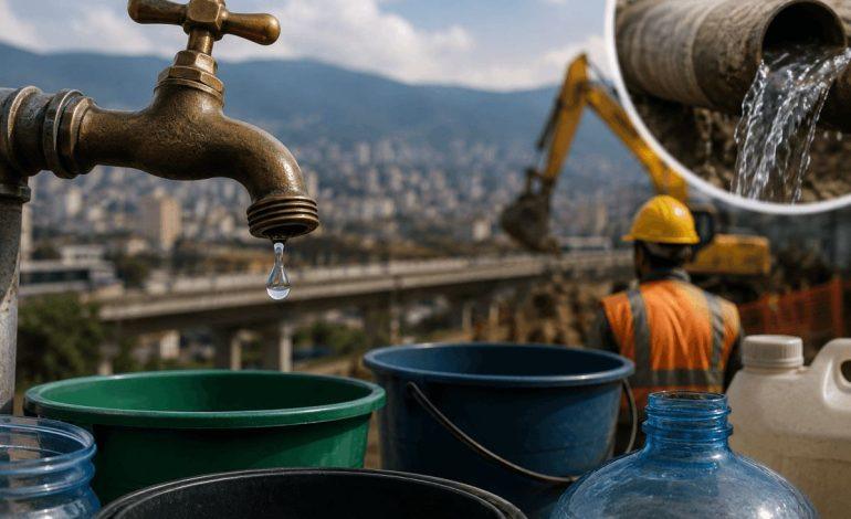 Llave de agua goteando y recipientes almacenando agua en Medellín durante cortes del servicio por obras del Metro de la 80