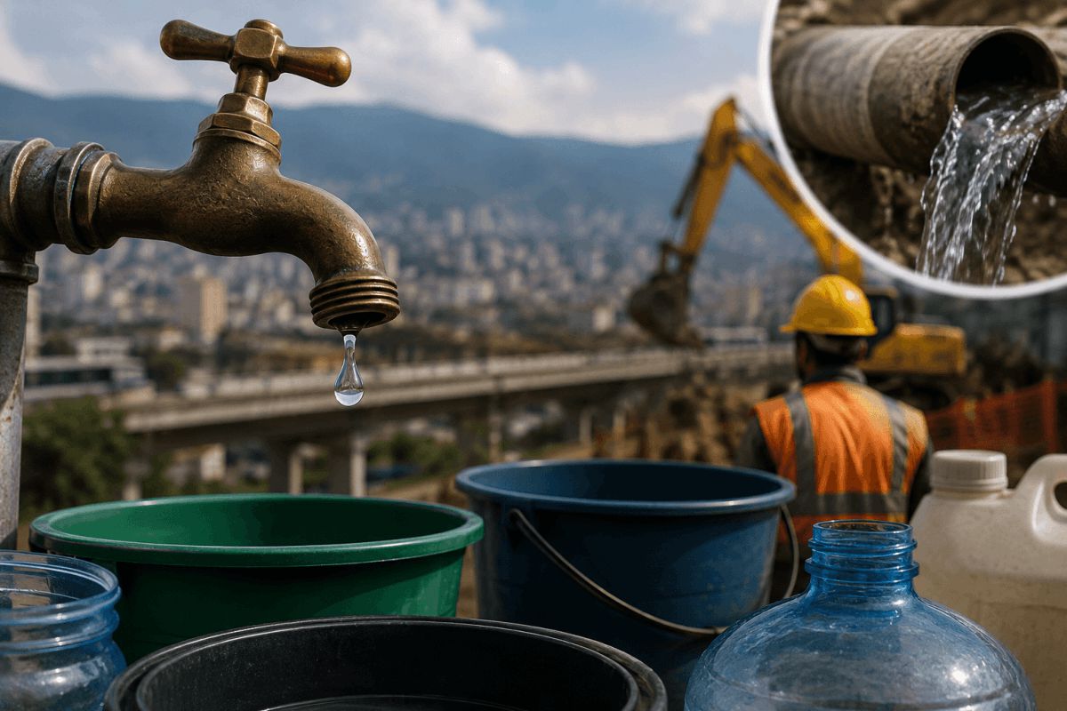 Llave de agua goteando y recipientes almacenando agua en Medellín durante cortes del servicio por obras del Metro de la 80