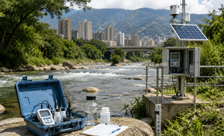 Equipo técnico inspecciona una estación de monitoreo del agua en el Valle de Aburrá para evaluar la calidad de las fuentes hídricas. agua