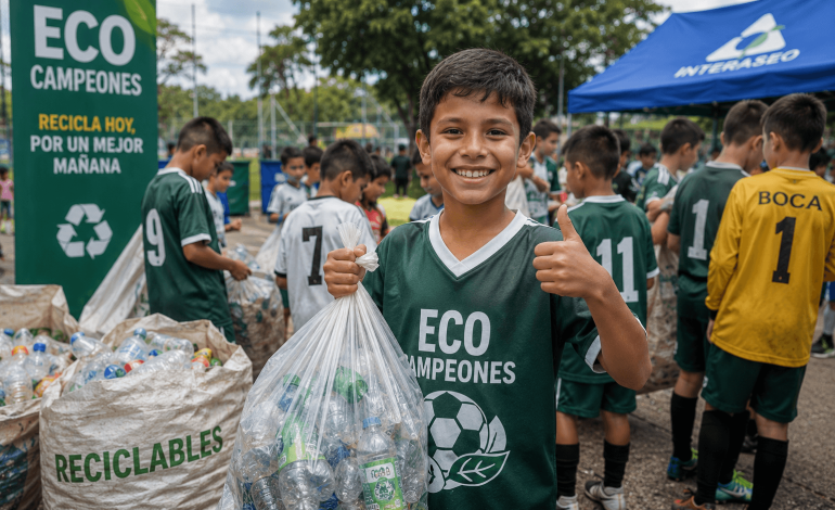 Niños reciclando material para obtener uniformes de fútbol en Antioquia