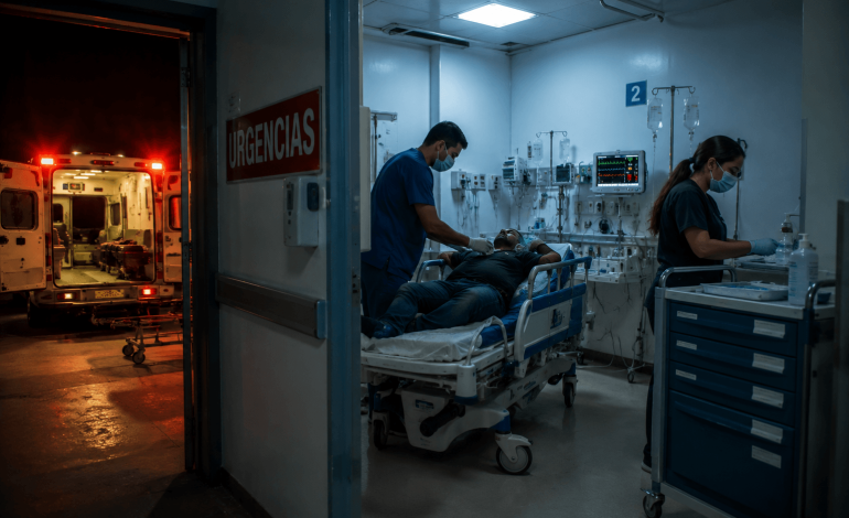 hospital colapsado en Antioquia con ambulancias y pacientes esperando atención