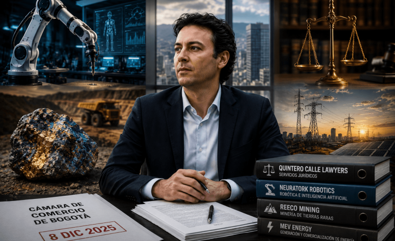 Daniel Quintero en una composición editorial que representa el debate generado tras la creación de cuatro empresas relacionadas con tecnología, energía, minería y servicios jurídicos.