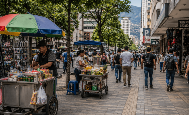 Trabajador independiente revisa sus cuentas frente a un pequeño negocio en Medellín, representando los retos del empleo formal y la economía local.