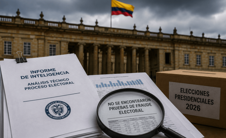 Urna electoral y documentos de investigación sobre el proceso presidencial en Colombia.