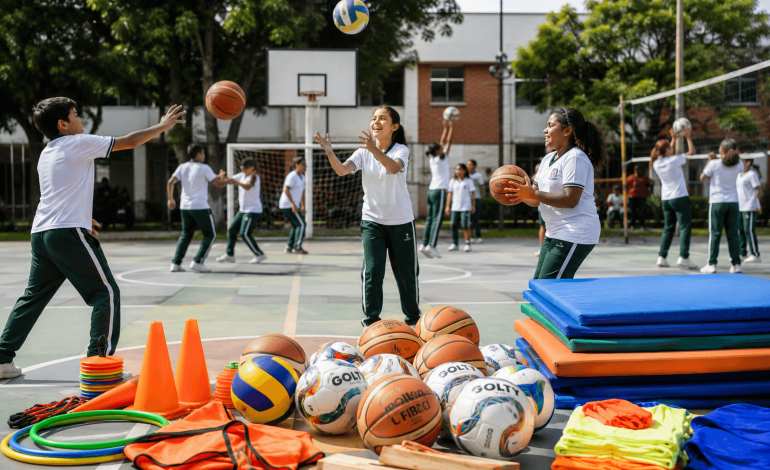 Estudiantes de un colegio oficial de Medellín reciben nuevos implementos deportivos para sus clases de educación física.