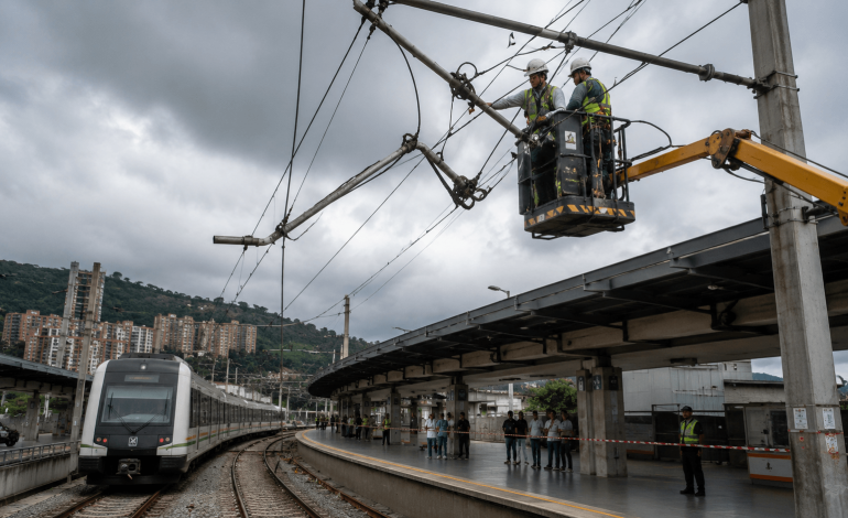 Técnicos inspeccionan la catenaria del Metro de Medellín durante una contingencia operativa.