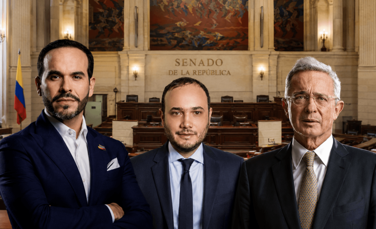 Montaje editorial de Abelardo De la Espriella, Alfredo Deluque y Álvaro Uribe frente al Senado de la República. Título