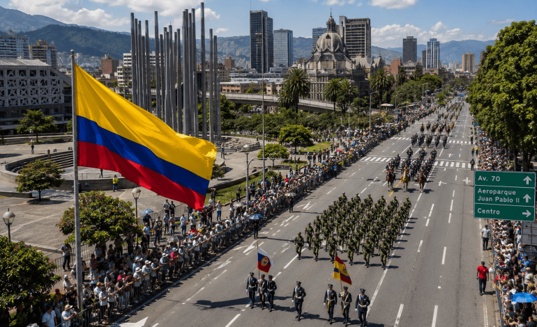 Desfile militar del 20 de Julio en Medellín con miles de uniformados marchando durante la conmemoración de la Independencia de Colombia.