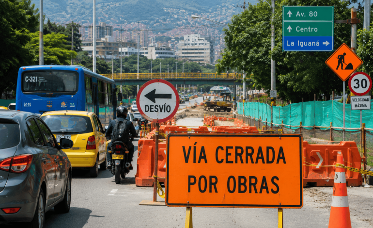 Vehículos circulan cerca de un cierre vial por obras de infraestructura en Medellín.