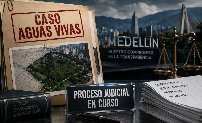 Documentos judiciales y representación conceptual del caso Aguas Vivas en Medellín.