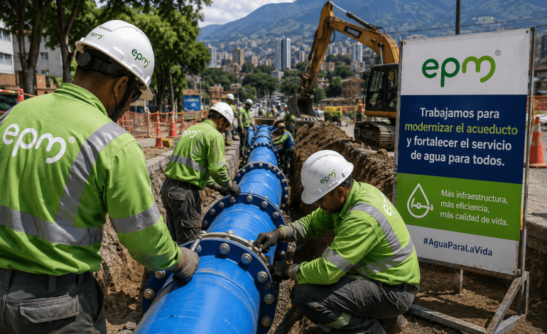 Operarios de EPM realizando trabajos de modernización en la red de acueducto de Medellín.