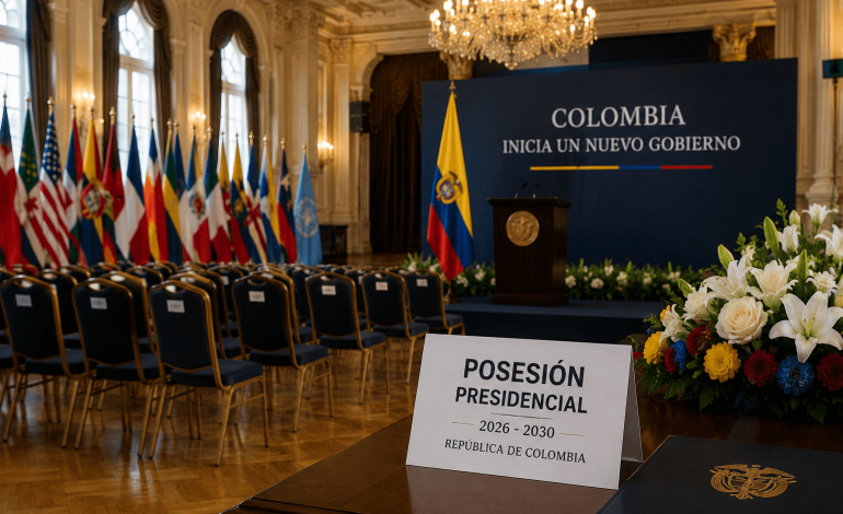 Posesión de Abelardo de la Espriella con salón protocolario y banderas de Colombia.