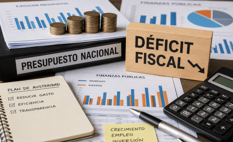 Gráficos financieros, documentos presupuestales y calculadora que representan el desafío del déficit fiscal en Colombia.