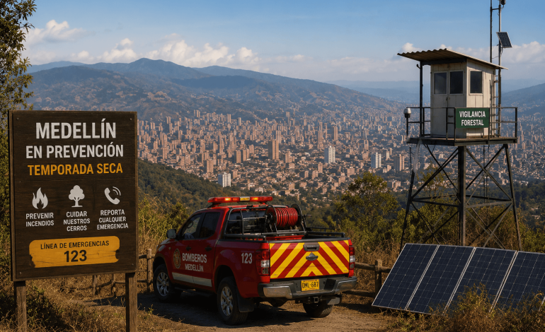 Vista panorámica de Medellín con un cerro de vegetación seca bajo vigilancia preventiva durante la temporada seca
