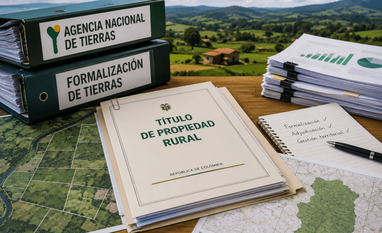 tierras, Documentos de titulación de tierras, mapas catastrales y archivos administrativos que representan el fortalecimiento de la Agencia Nacional de Tierras.