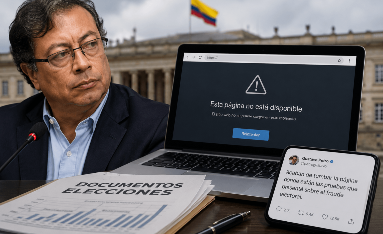Petro página elecciones con pantalla de computador y sitio web fuera de servicio.