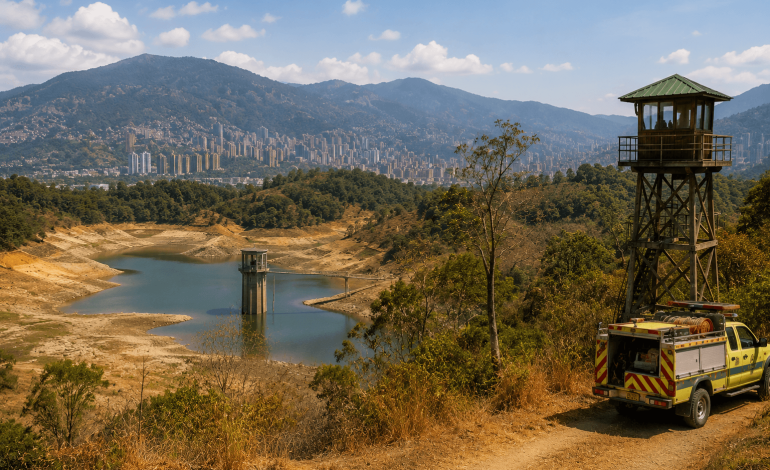 medellin , Paisaje seco con aviso de prevención de incendios y embalse de bajo nivel.