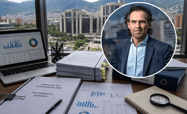 investigaciones documentos de contratación pública sobre una mesa de análisis en Medellín.