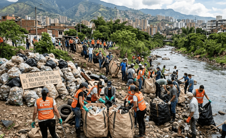 Ciudadanos participan en una jornada de limpieza del río Medellín recogiendo residuos en las orillas del afluente.