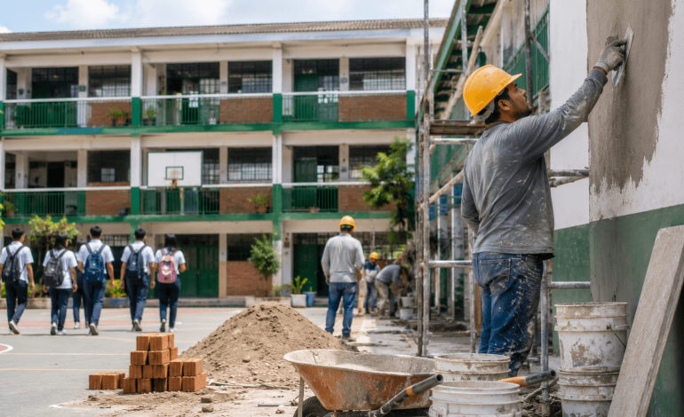Trabajos de adecuación en una institución educativa oficial de Medellín.