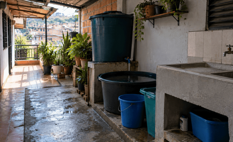 factura: Recipiente para reutilizar agua en una vivienda beneficiaria del programa de ahorro en Medellín