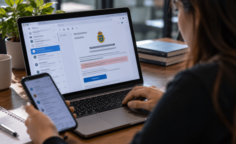 extorsión con correos falsos de la Policía sueca: persona revisa un mensaje electrónico sospechoso en un computador portátil.