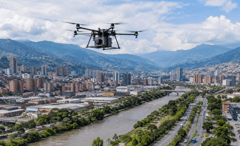 Drones en Medellín: aeronave no tripulada de carga durante una prueba logística urbana