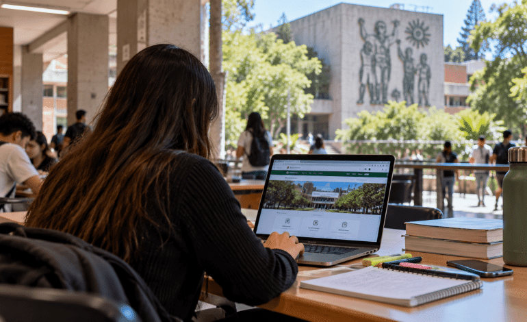 examen de admisión UdeA 2027: estudiante consulta información académica en un computador dentro de un espacio universitario de Medellín.