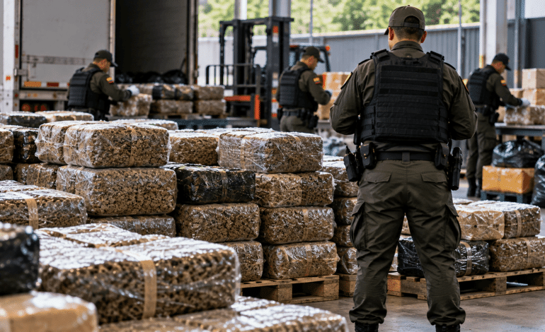 destrucción de marihuana en Medellín: personal de seguridad supervisa cargamentos de estupefacientes incautados antes de su eliminación.