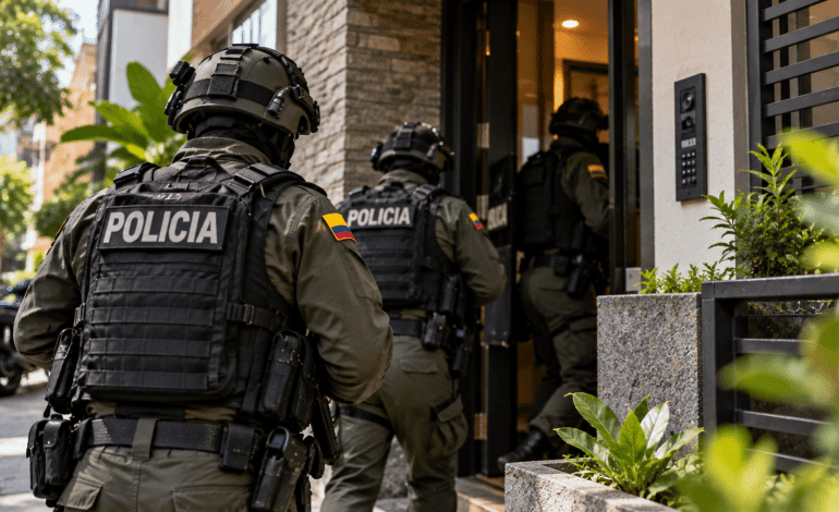 allanamientos en Medellín: agentes de la Policía Nacional realizan un procedimiento judicial en la entrada de un inmueble de la ciudad.