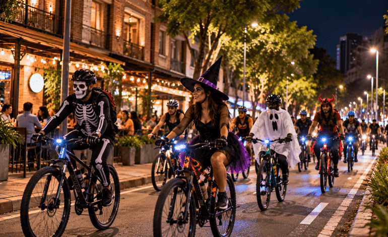 ciclopaseo nocturno en Laureles y Estadio: ciclistas con disfraces de Halloween recorren una calle iluminada del occidente de Medellín.