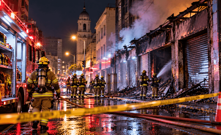 incendio en el centro de Medellín: vehículo de bomberos y personal de emergencia frente a locales comerciales afectados en Villa Nueva.
