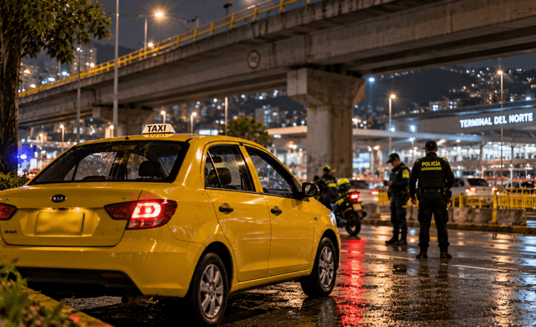 mujer atacada con químico en un taxi en Medellín: vehículo amarillo en una vía cercana a la Terminal del Norte durante la noche.