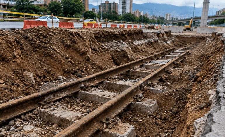 Ferrocarril de Antioquia y rieles descubiertos durante las obras de Mayorca